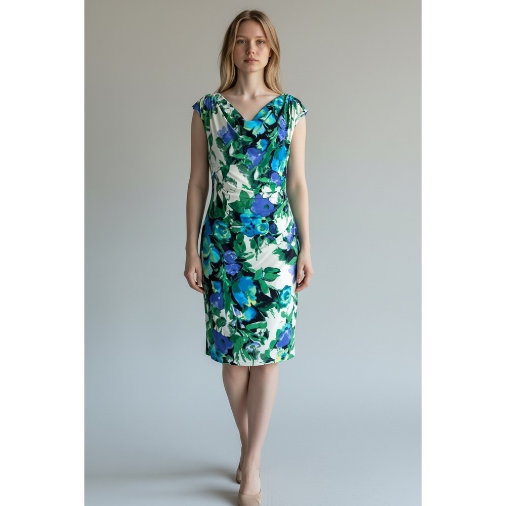 Lauren Ralph Lauren Blue/Green Floral Sheath Midi Dress Women's 10 Career Party